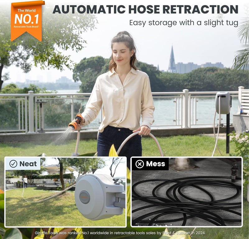 Giraffe Tools CW20 Retractable Garden Hose Reel 5/8" x 60 ft Heavy Duty Water Hose Reel, Swivel Bracket, Any Length Lock, Light Grey - Image 2
